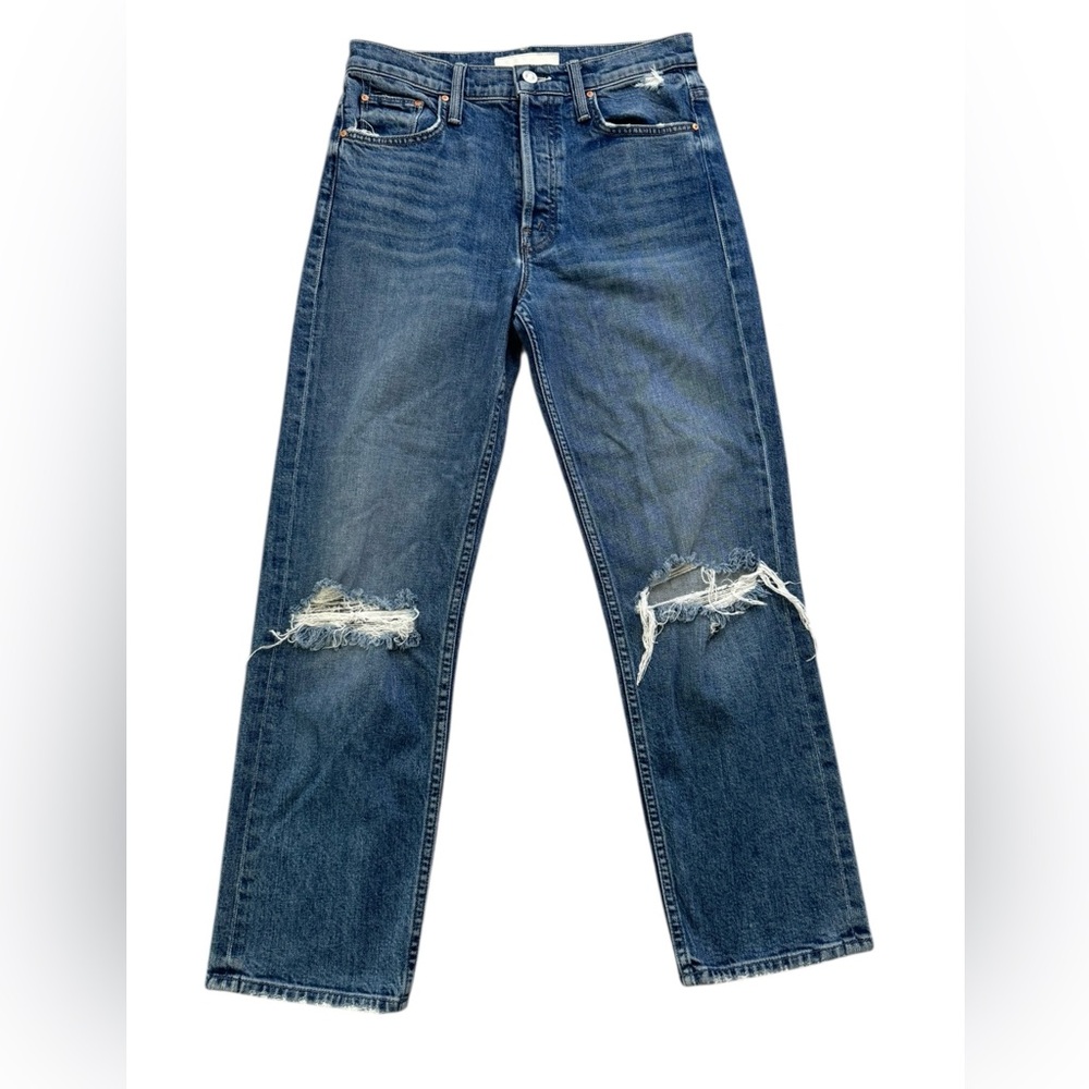 MOTHER Tomcat High Rise Straight Crop Jeans 27 Distressed Blue Denim